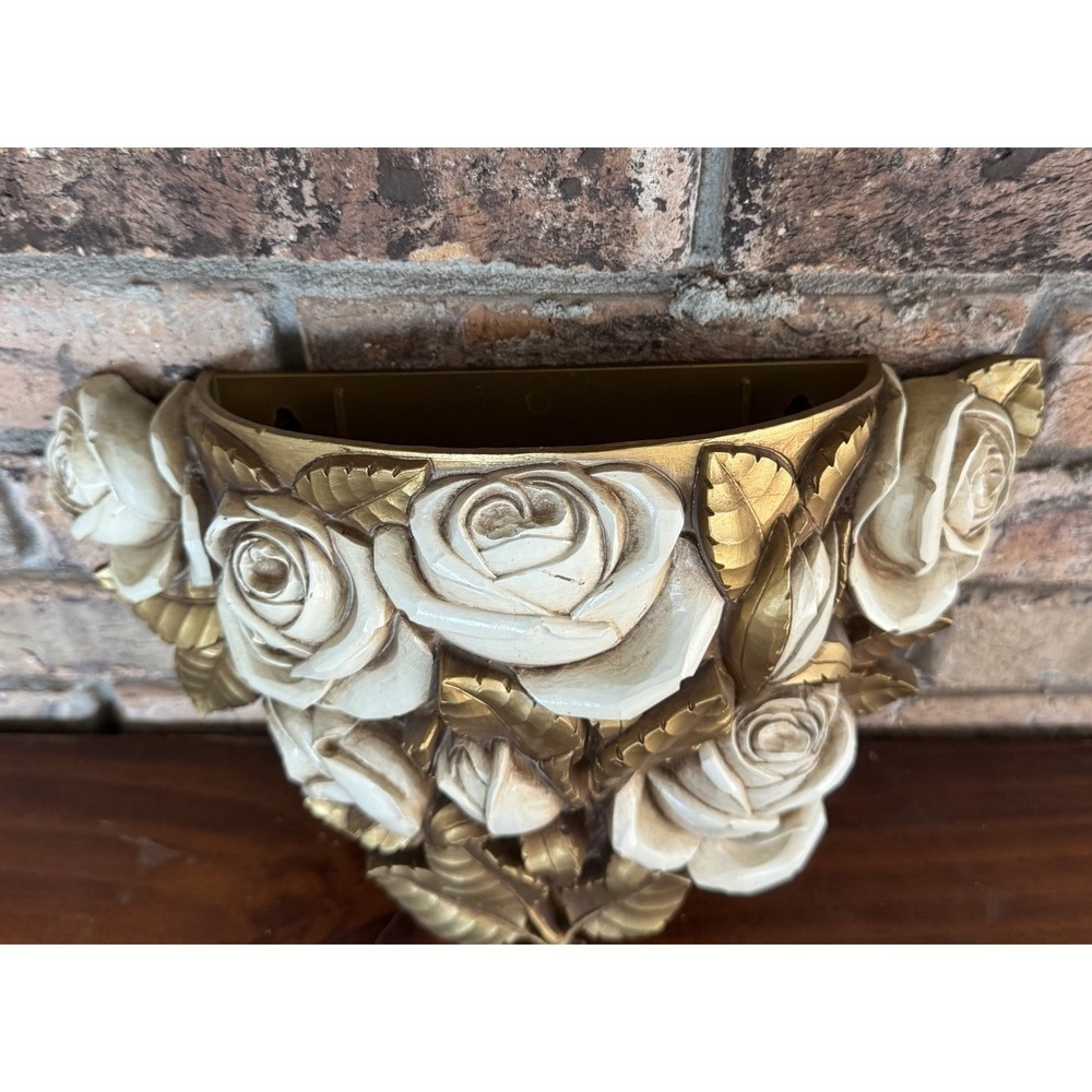 Vintage Rose Wall Pocket Hollywood Regency‎ Cottagecore Gold Floral